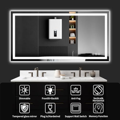 30"x48" LED Bathroom Mirror with Lights | Dimmable，Anti-Fog，Bathroom Vanity Mirror for Wall, Backlit + Front Lit, Memory Function, Shatter-Proof, Tempered Glass