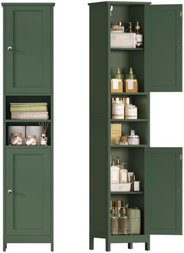TEENFON 67" Tall Bathroom Cabinet with Adjustable Shelves and Doors, Narrow Bathroom Storage Cabinet for Small Space, Living Room, Entryway, Kitchen, Green