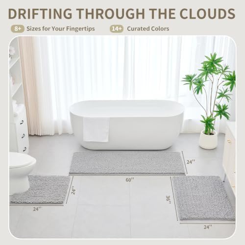 Bathroom Rugs Non Slip Washable 70x24, Extra Thick Soft Chenille Absorbent Bath Mat, High Density Barrier Non Slip Backing, Quick Dry Plush Shaggy Floor Carpet for Tub&Shower, Silver