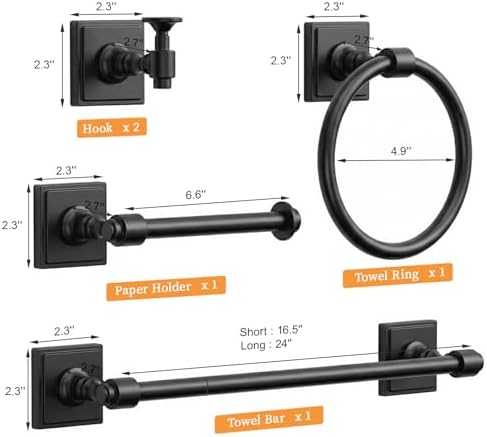 VEHCIL Matte Black Bathroom Towel Bar Set, 5 Piece Bathroom Hardware Accessory Set, SUS304 Stainless Steel 24" Towel Rack Holder Set for Bathroom, Wall Mounted
