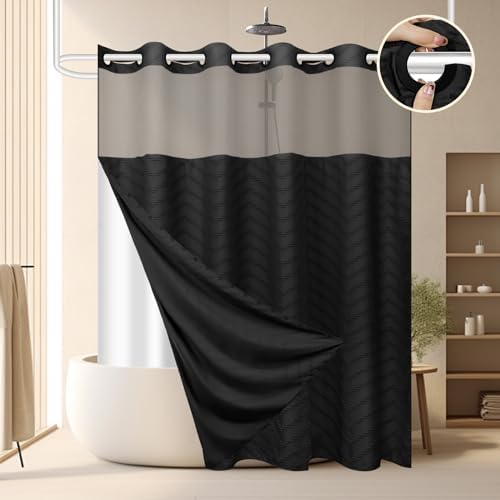 FADOTY Black No Hook Shower Curtain Set with Snap in Liner, 71'' x 86''