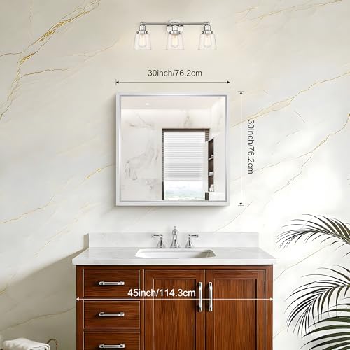 30x30 Silver Bathroom Mirror, Brushed Silver Rectangular Mirror for Wall, 0.6" Thickened Deep Frame Mirrors for Bathroom Sink, Shatterproof Tempered Glass, Antirust, Horizontally or Vertically