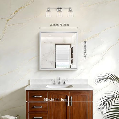 30x30 Silver Bathroom Mirror, Brushed Silver Rectangular Mirror for Wall, 0.6" Thickened Deep Frame Mirrors for Bathroom Sink, Shatterproof Tempered Glass, Antirust, Horizontally or Vertically