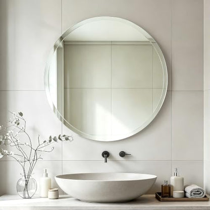 32 Inch Frameless Round Bathroom Mirror, Beveled Edge Wall Mirror, Modern Elegant Vanity Mirror for Bathroom Living Room Entryway