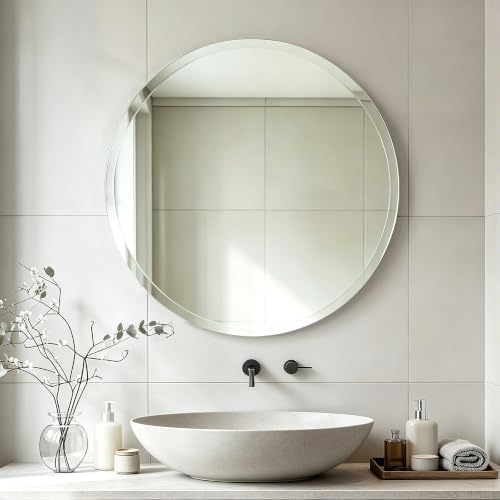 24 Inch Frameless Round Bathroom Mirror, Beveled Edge Wall Mirror, Modern Elegant Vanity Mirror for Bathroom Living Room Entryway