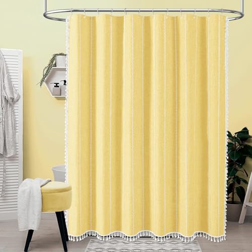 BTTN 72x78 Long Boho Farmhouse Linen Heavy Duty Shower Curtain Set, Yellow