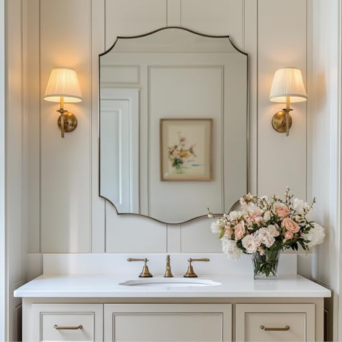 ANDY STAR Gold Mirrors, 24x32 Inch Bathroom Vanity Mirror, Antique Brass Asymmetrical Mirror, Unique Rectangle Mirror with Sophisticated Curved Design, Ideal for Home Decor
