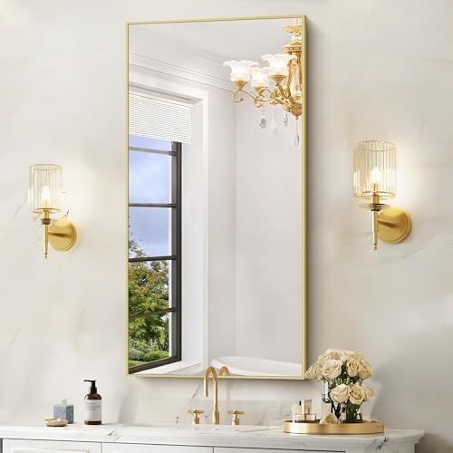 COFENY 48x24In Gold Bathroom Mirror for Wall, Brushed Gold Rectangle Mirrors with Metal Frame, Bathroom Rectangular Mirror Modern Wall Mirror for Bedroom Living Room, Hangs Horizontal or Vertical