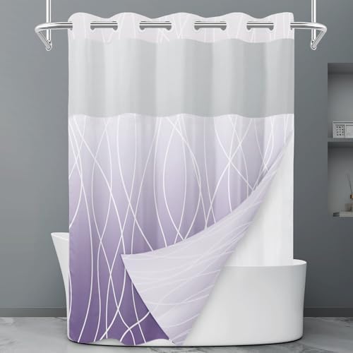 LXBNI No Hook Shower Curtain with Liner, Ombre Purple, 71 x 74 Inch
