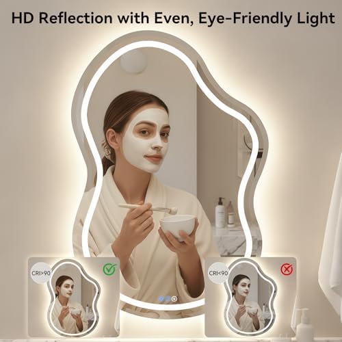 Irregular Wall Mirror 24 x 36 Inch, Lighted Mirrors for Bathroom Wall, Asymmetrical LED Mirror for Bathroom with Anit-Fog, Dimmable, Memory Function (Horizontal/Vertical)