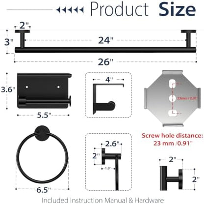 5-Piece Matte Black Bathroom Towel Bar Set,24" Bathroom Hardware Kit