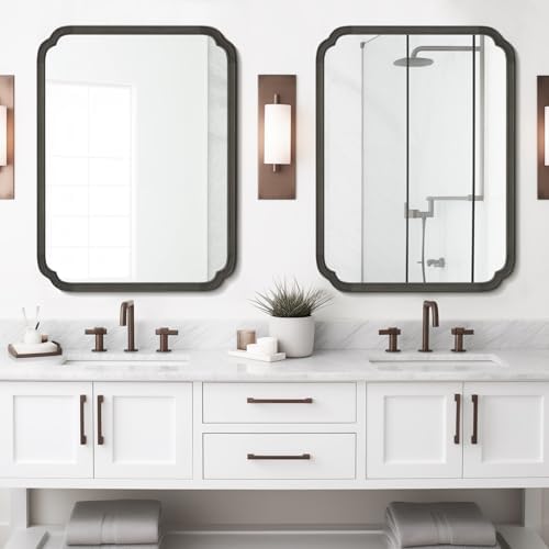 WallBeyond 28" x 40" Rounded Corner Arch Wall Mirror with Wood Frame for Entryway, Living Room or Bedroom Home Decor - Light Woodgrain [28 x 40 inches, Black]