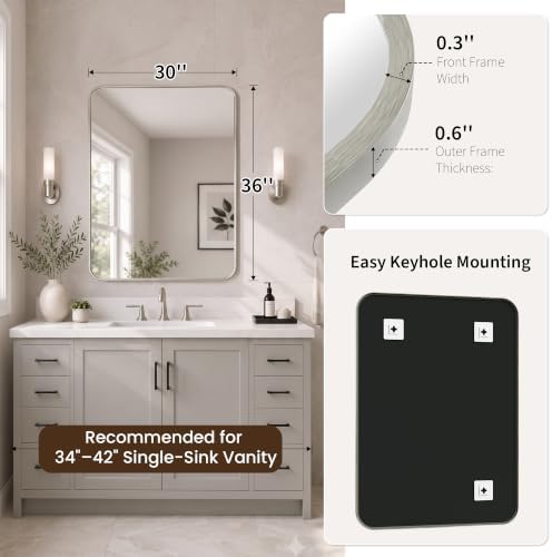 30x36 Inch Brushed Nickel Rounded Rectangle Bathroom Vanity Mirror