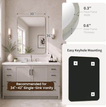30x36 Inch Brushed Nickel Rounded Rectangle Bathroom Vanity Mirror