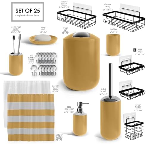 Clara Clark Bathroom Accessories Set - Bathroom Set with Adhesive Corner Shower Caddy Hanging, 25PC Bathroom Accessory Set, Gold Shower Curtain Set, Toilet Brush, Trash Can & Soap Dispenser