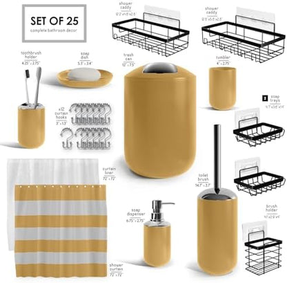 Clara Clark Bathroom Accessories Set - Bathroom Set with Adhesive Corner Shower Caddy Hanging, 25PC Bathroom Accessory Set, Gold Shower Curtain Set, Toilet Brush, Trash Can & Soap Dispenser