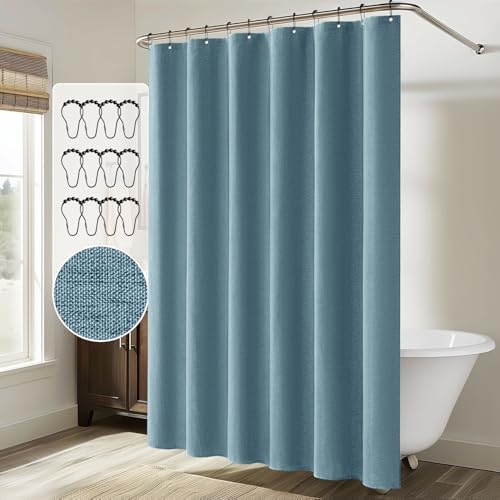 MIULEE Linen Fabric Shower Curtain Moonlight Blue W72*L72 12 Metal Hooks