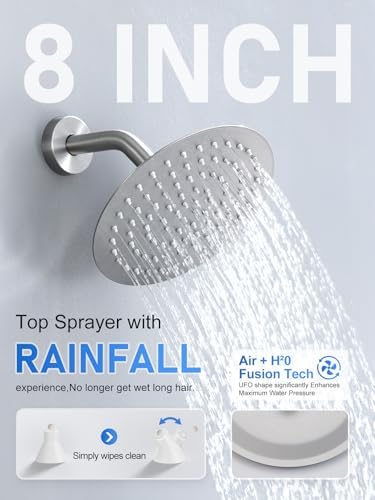 Woindo Shower Faucet Set 10" Rain Shower Head/8'' Side Shower Head and 3 Setting Handheld Ceiling Mount 3 Push Button Diverter Complete Rainfall Round Shower System Included Valve Trim Kit