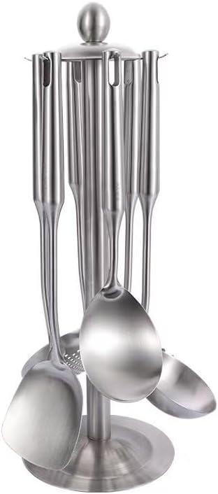 Premium 7-Piece Gold Kitchen Utensil Set with Stand, Stainless Steel Cooking Tools- Dishwasher Safe Ladle, Spoon, Spatula, Pasta Fork, Luxury Brass Kitchen Accessories for Home Chefs (silvery)