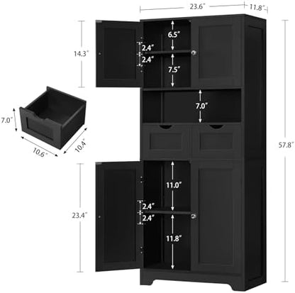 Iwell 57.8" H Tall Storage Cabinet with 2 Drawers & 2 Adjustable Shelves, Kitchen Cabinet with 4 Doors, Tall Cabinet for Living Room, Dining Room, Entryway, Black