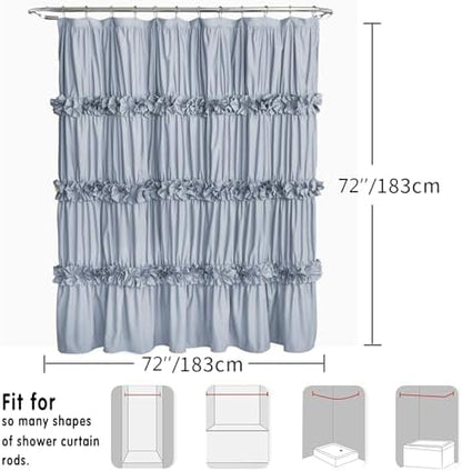 Homechoice Decor Fog Blue Ruffle Shower Curtain, Vintage Handcrafted Bow Tie Bath Curtain for Master Bathroom, Ruched Microfiber Bathroom Curtain with 12 Buttonholes, 72" W x 72" H (LQ-10)