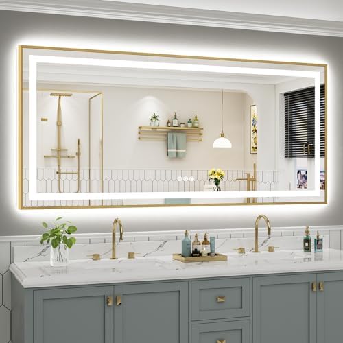 77x36 Inch LED Bathroom Mirror with Gold Frame, Backlit & Front Lit