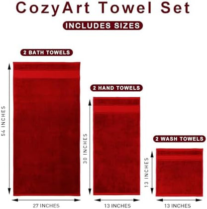 COZYART Bath Towel Set 6 PCS, Luxury Cherry Red 100% Turkish Cotton 650GSM