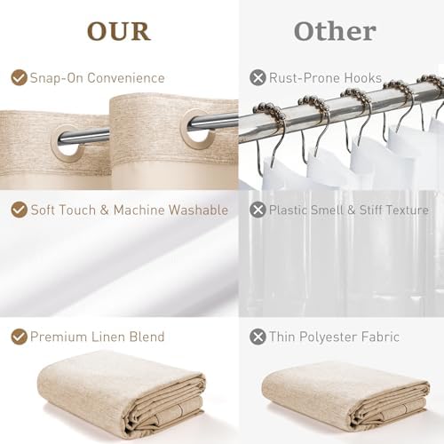BTTN Tan Ringless Linen Textured Shower Curtain with Snap in Liner, 72x75
