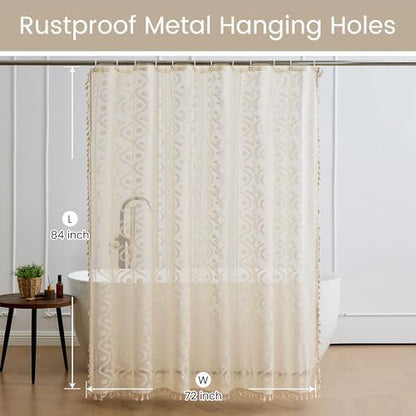 WAZZIO Vintage Lace Shower Curtain for Bathroom 72" W x 84" L, Victorian Farmhouse Floral Pattern Tassel Fancy Shower Curtain Boho Washable Cloth Decorative Bath Curtains,1 Panel