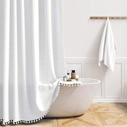 BTTN 84x72 Boho Farmhouse Linen Heavy Duty Fabric Shower Curtain Set, White