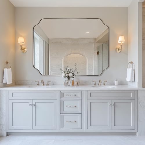 ANDY STAR 36x48 Inch Chrome Mirror, Large Polished Nickel Rectangle Mirror, Scalloped Bathroom Mirror in Anti-Rust Stainless Steel Frame Deep 1’’, Rounded Notched Corner, Vertically/Horizontally