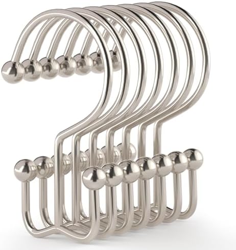 24 Pcs Shower Curtain Hooks, Goowin Shower Curtain Rings, Durable Shower Curtain Rings Rust Proof, Double Glide Shower Rings for Curtain, Simple Shower Hooks for Shower Curtain & Liner, Brush Nickel