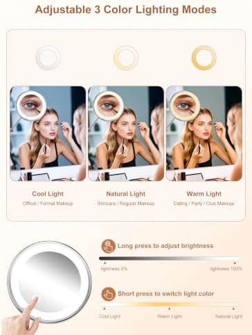10x Magnifying Mirror with Light,Gooseneck Travel Make up Mirror 3 Lighting