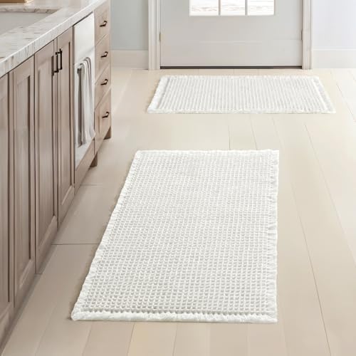 MIULEE Set of 2 Waffle Bathroom Rugs Boho Bath Mat White 17x24 Inch