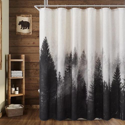 ORTIGIA Black and White Misty Forest Linen Shower Curtain Dark Nature Mountain Tree Woodland Shower Curtain Set for Bathroom Heavy Blend Fabric Curtains with 12 Metal Hooks 72x78 Inch