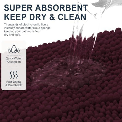 Smiry Thick Small Chenille Bathroom Rugs 24x16, Soft Bath Mat, Black Cherry