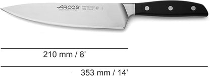 Arcos Forged Chef Knife 8 Inch Stainless Steel. Professional Kitchen Knife for Cooking. Ergonomic Polyoxymethylene Handle and 210mm Blade. Series Manhattan. Color Black