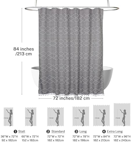 Siiluminisoy Extra Long Boho Grey Shower Curtain with Tassels 72 x 84, Tufted Chevron Striped Chenille Woven Fabric Cloth Shower Curtain Modern Farmhouse Minimalist, Shabby Chic Textured for Bathroom