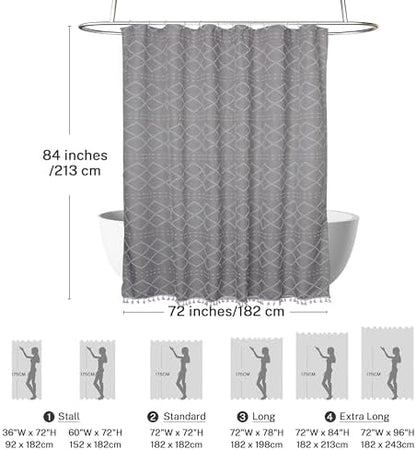 Siiluminisoy Extra Long Boho Grey Shower Curtain with Tassels 72 x 84, Tufted Chevron Striped Chenille Woven Fabric Cloth Shower Curtain Modern Farmhouse Minimalist, Shabby Chic Textured for Bathroom