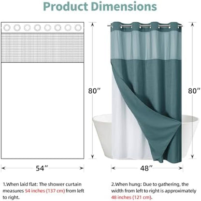 eachope SeawedGreen No Hook Waffle Weave Shower Curtain with snap-in Liner Replacement, 230GSM Waterproof Fabric Hotel Shower Curtain Set for Bathroom, Through Mesh Top Window,54Wx80H