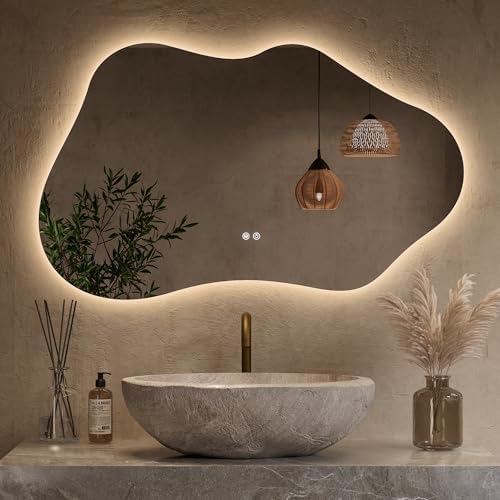 Keonjinn Irregular Backlit Bathroom Mirror 40 x 24 Inch, HD Tempered Glass