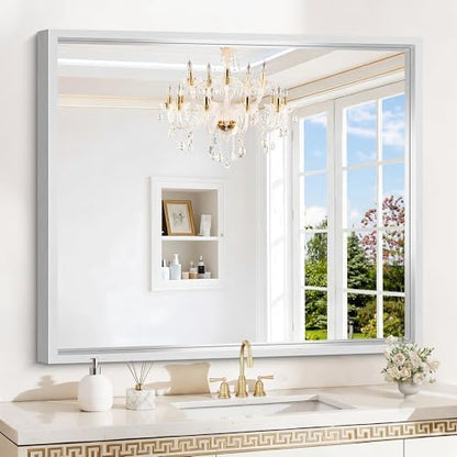 Bathroom Mirror, 42 x 36 Inch Brushed Silver Rectangle Mirror, 0.6" Thickened Deep Metal Frame Rectangular Vanity Mirror, Wall Mounted Mirror for Bedroom Living Room, Horizontal or Vertical