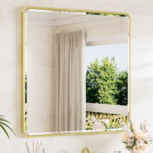 TETOTE Brushed Gold Vanity Mirror for Bathroom 36 x 36 Beveled Edge Tempered Glass, Rounded Corner Rectangle Wall Mirror for Modern Bathroom, Living Room, Bedroom, Entryway