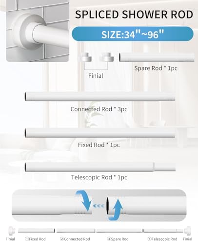 White Shower Curtain Rod 34-96 Inch (2.8-8ft) Adjustable Shower Rod