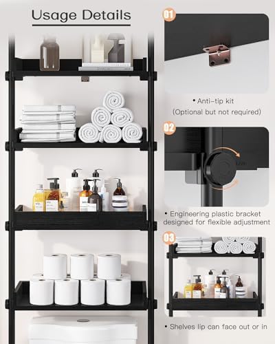 ALLZONE Bathroom Organizer, Over The Toilet Storage, 4-Tier Adjustable Wood Shelves for Small Rooms, Saver Space Rack, Narrow Cabinet, 92 to 116 Inches Tall, Black