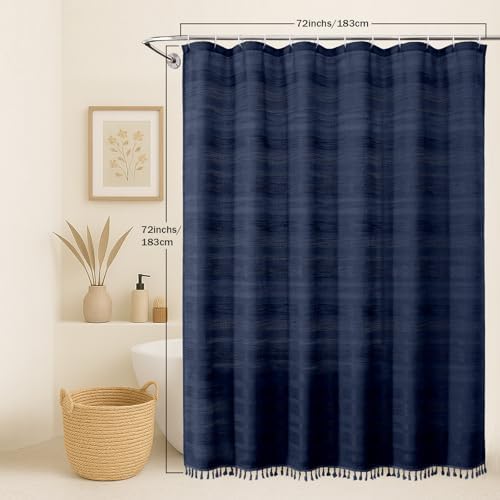 OVZME Navy Blue Shower Curtain for Bathroom, Boho Linen Textured Shower Curtain with Tassel, Rustic Striped Heavy Duty Vintage Country Bathroom Curtain, 72Wx72L Inches