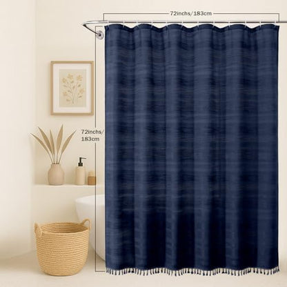 OVZME Navy Blue Shower Curtain for Bathroom, Boho Linen Textured Shower Curtain with Tassel, Rustic Striped Heavy Duty Vintage Country Bathroom Curtain, 72Wx72L Inches