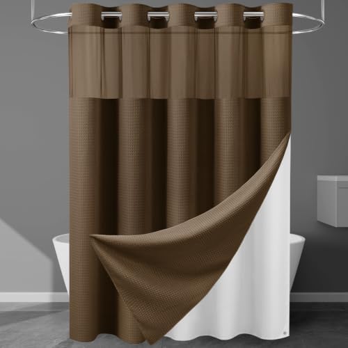 EUTXL Heavyweight Waffle No Hook Shower Curtain with Liner, Brown, 71x74