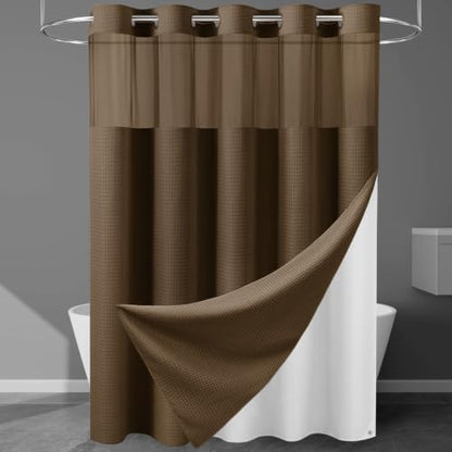 EUTXL Heavyweight Waffle No Hook Shower Curtain with Liner, Brown, 71x74