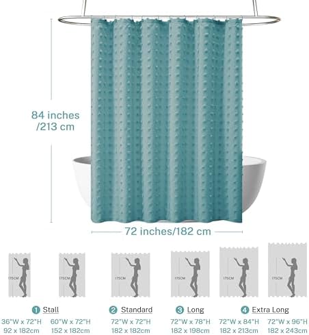 Siiluminisoy Extra Long Boho Shower Curtain Woven Fabric 84 Inch Teal Shower Curtain, 72 x 84 Tufted Pleat Floral Puffs Textured Modern Minimalist Shower Curtain Set with Hooks for Bathroom
